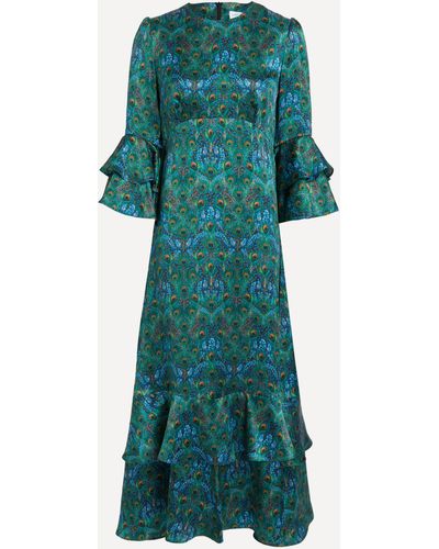 Liberty Women's Peacock Manor Silk Satin Gala Dress - Green/m Peacock Print Ankle Length Dress Pagoda Sleeves