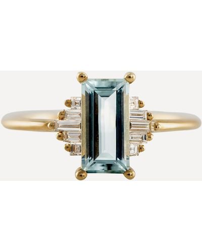 ARTEMER 18ct Gold Baguette Aquamarine With Diamonds Engagement Ring - Metallic