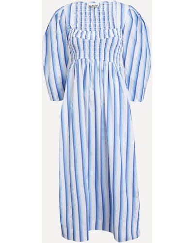 Ganni Women's Striped Cotton Smock Long Dress 6 - Blue