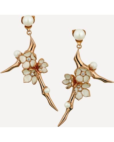 Shaun Leane Cherry Blossom Small Pearl And Diamond Flower Drop Earrings - Metallic