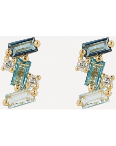 Suzanne Kalan 14ct Gold Diamond And Blue Topaz Baguette Stud Earrings - White