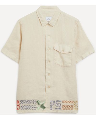 PS by Paul Smith Mens Cross-stitch Beige Linen Shirt - White