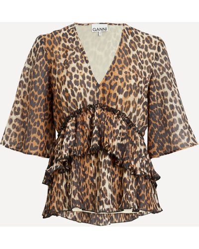 Ganni Women's Leopard Pleated Georgette Blouse 10 - Natural