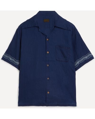 Kapital Mens French Cloth Linen Wrangle Collar Aloha Shirt Soufflemon 5 - Blue