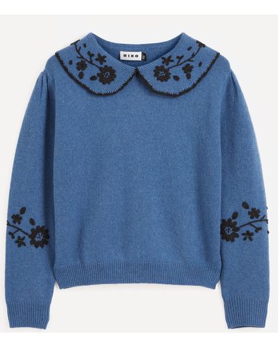 RIXO London Lula Floral-embroidered Wool Jumper - Blue