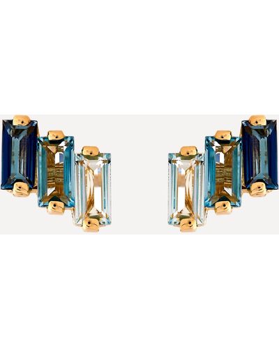 Suzanne Kalan 14ct Gold Multi Blue Topaz Three Baguette Stud Earrings