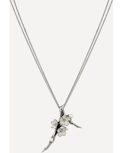 Shaun Leane Silver Cherry Blossom Pearl And Diamond Flower Branch Pendant Necklace - White