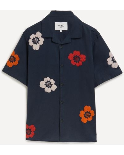 Wax London Mens Didcot Short-sleeve Applique Floral Shirt - Blue