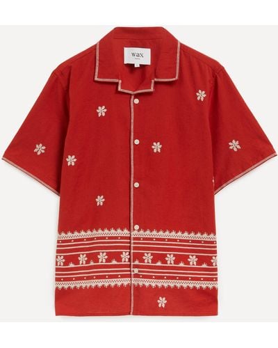 Wax London Mens Didcot Short-sleeve Daisy Embroidery Shirt - Red