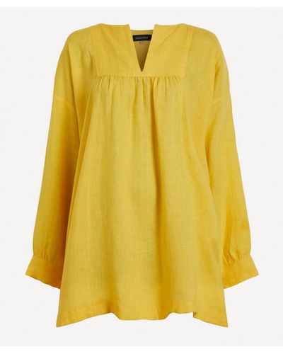 Eskandar Long Plus Peasant Smocked Top - Yellow