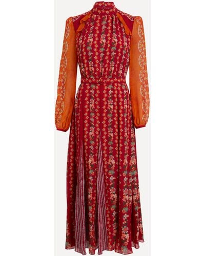 Saloni Women's Jacqui B Zinnia Stem Silk Georgette Dress 12 - Red