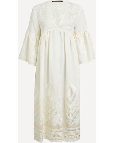 Kori Women's Linen Feathers Midi Split Hem Dress - White