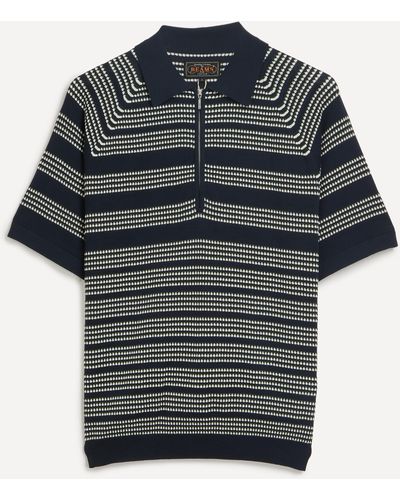 Beams Plus Mens Zip Stripe-pattern Knitted Polo Shirt 42/52 - Blue