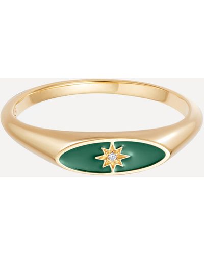 Astley Clarke Gold Plated Vermeil Silver Celestial Green Enamel Orbit Signet Ring - Metallic