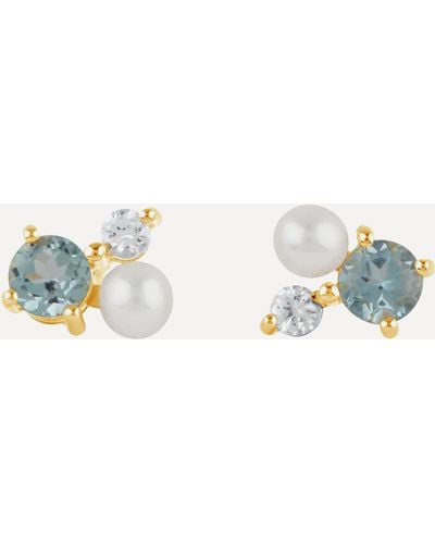 Dinny Hall Gold Plated Vermeil Silver Gem Drop Trilogy Topaz And Pearl Stud Earrings - Blue