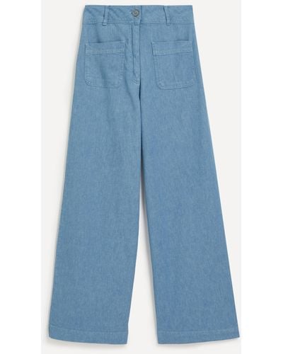Sessun Women's Manhatti Cotton-linen Chambray Twill Flared Trousers 8 - Blue