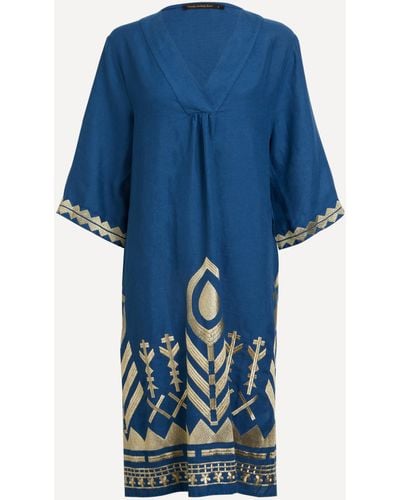 Kori Women's Linen Feather V-neck Midi Dress - Blue