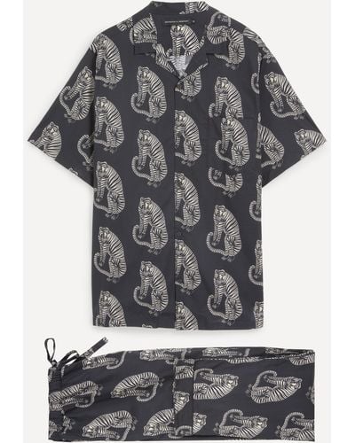 Desmond & Dempsey Mens Sansingo Tiger Print Cuban Pyjama Set Xl - Grey