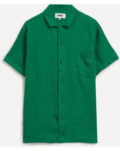 YMC Mens Malick Green Linen Short-sleeve Shirt