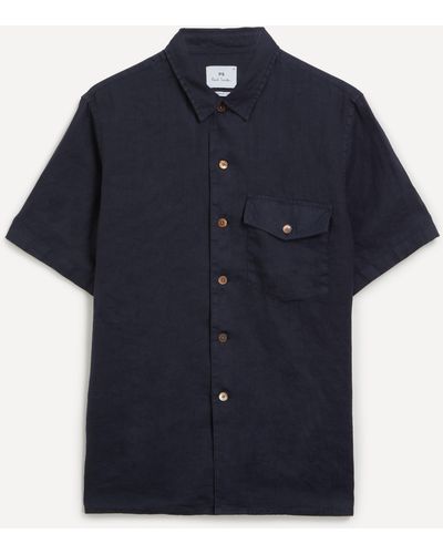 PS by Paul Smith Mens Short-sleeve Navy Linen Shirt - Blue