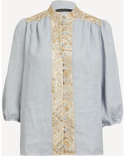 Kori Women's Linen Puff Sleeve Embroidered Shirt - Grey