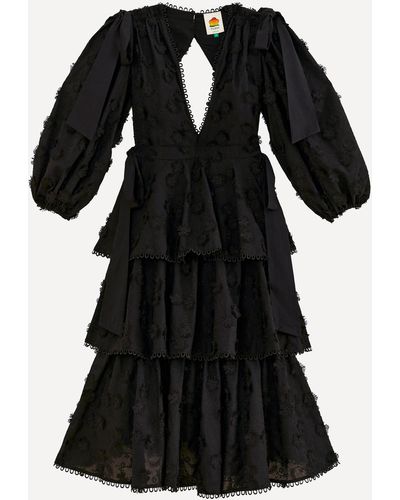 FARM Rio Back Fowers Textured Tiered Midi Dress Back - Black