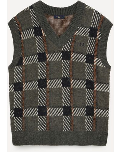 Fred Perry Mens Glitch Tartan Knitted Tank Top - Grey