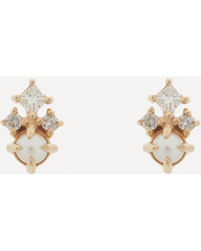 Mateo 14ct Gold The Little Things Tri Diamond And Pearl Stud Earrings - Natural