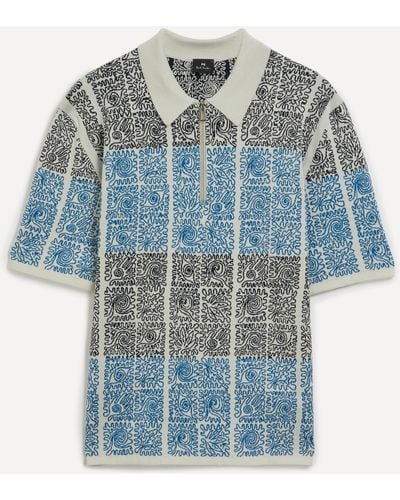 PS by Paul Smith Mens Patterned Jacquard Knit Polo - Blue