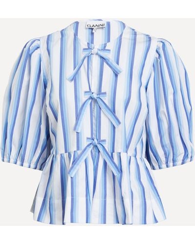 Ganni Women's Striped Cotton Poplin Peplum Tie Blouse 6 - Blue