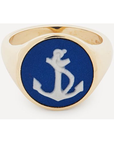 Ferian 9ct Gold Wedgwood Anchor Round Signet Ring - Blue