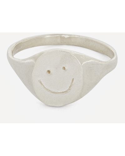 Seb Brown Silver Happy Face Signet Ring - White