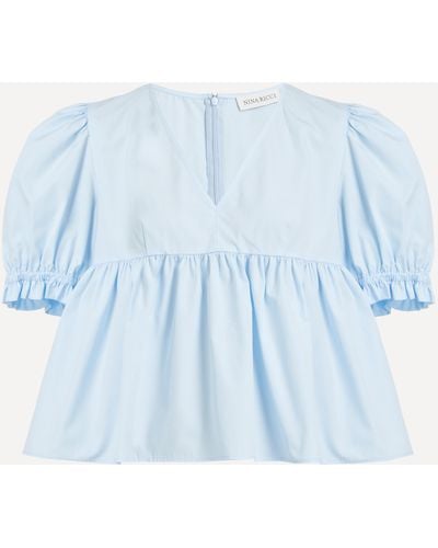 Nina Ricci Women's Ruched Sleeve Babydoll Top 12 - Blue