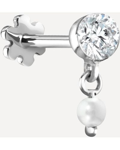Maria Tash 18ct 3mm Invisible Set Diamond And Pearl Dangle Single Threaded Stud Earring - White