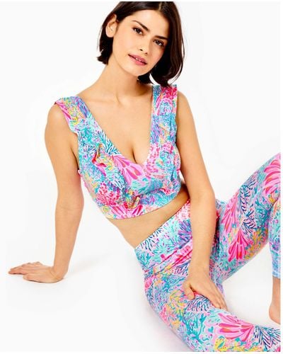 Lilly Pulitzer Women's Upf 50+ Luxletic Sucre Ruffle Sports Bra Size 2xs, Splashdance - Blue