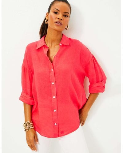 Lilly Pulitzer Stevey Relaxed Button Down Linen Shirt - Red