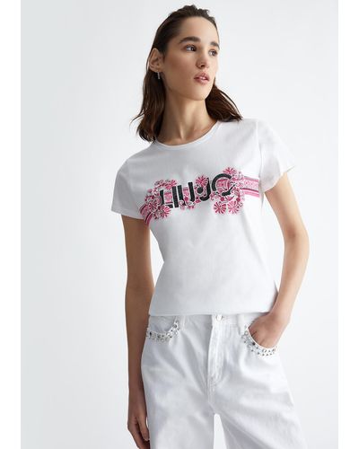 Liu Jo Liu Jo T-shirt Con Stampa Floreale E Strass - Bianco