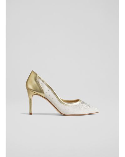 LK Bennett Liberty Gold Leather And Crystal Mesh Courts - White