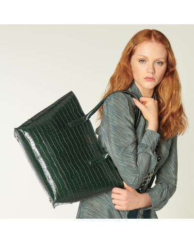 LK Bennett Lacey Green Croc-effect Leather Tote Bag