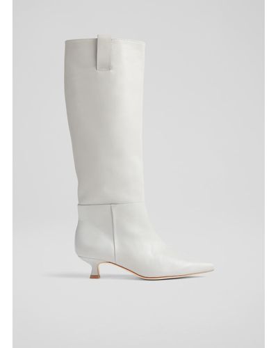 LK Bennett Eden Grey Leather Western Style Knee-high Boots - White