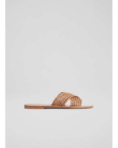 LK Bennett Ren Leather And Gold Fabric Woven Flat Mules - Natural