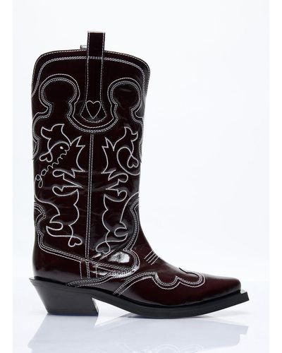 Ganni Mid Shaft Embroidered Western Boots - Black