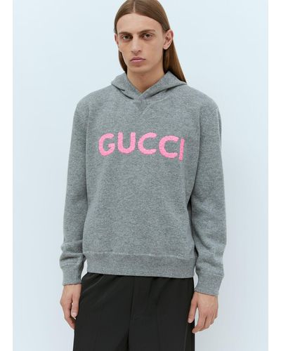 Gucci Logo Embroidery Wool Hooded Sweatshirt - Gray
