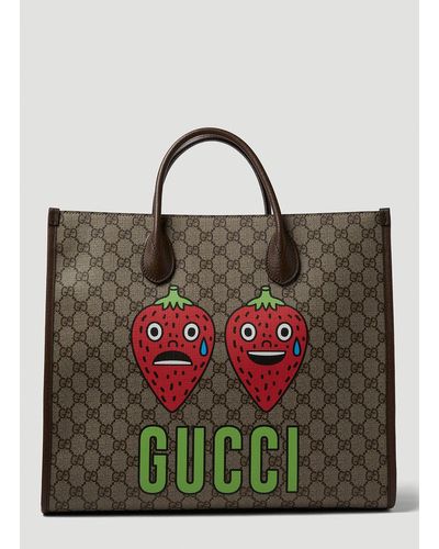 Gucci Strawberry Print GG Tote Bag - Brown