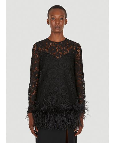 Valentino Lace Feather Trim Top - Black