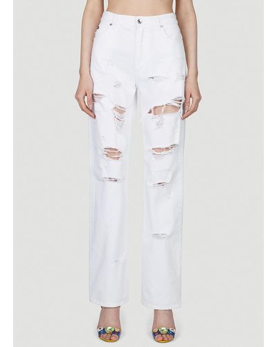 Dolce & Gabbana Logo Plaque Distressed Jeans - White