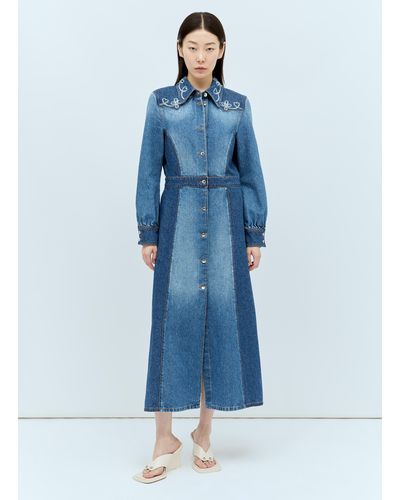 Chloé Embroidered Denim Shirt Dress - Blue