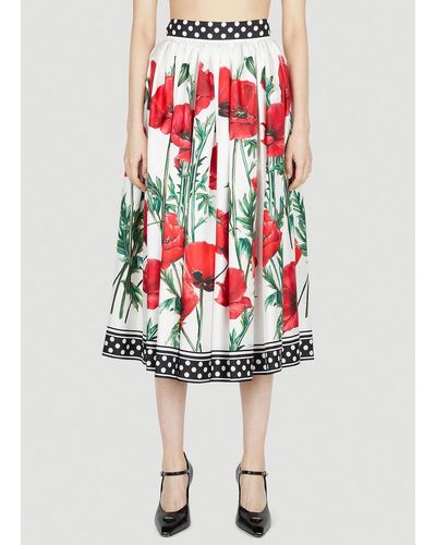 Dolce & Gabbana Poppy Print Pleated Skirt - White