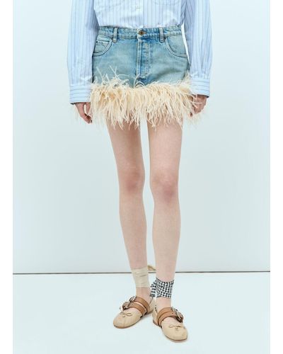 Miu Miu Feather-trimmed Denim Mini Skirt - Blue