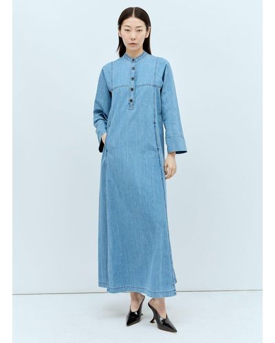 Dries Van Noten Pleated Denim Maxi Dress - Blue
